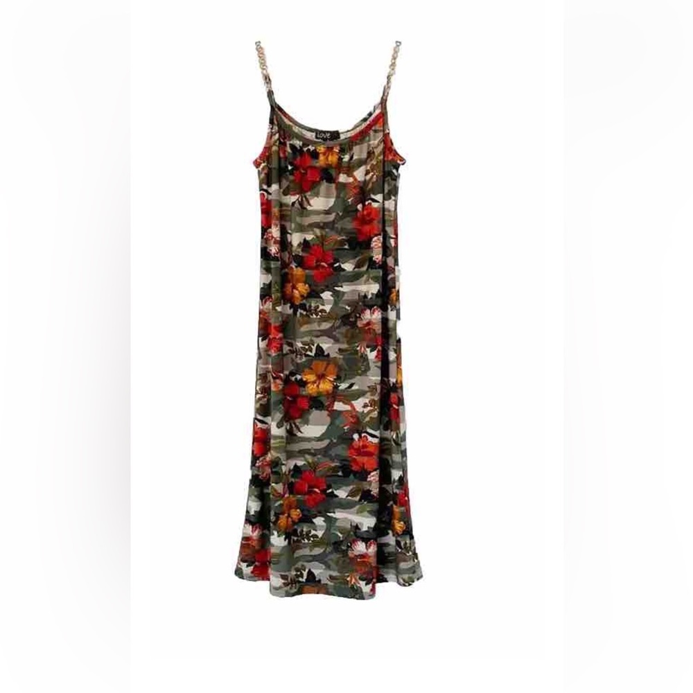 LOVE dress size S green orange gold chain straps camo floral
